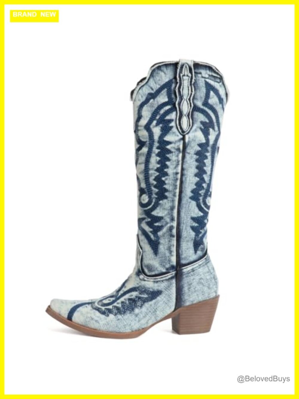 FIFSY Women's Denim Cowboy Boots Knee High Pointed Toe Chunky Heel Western